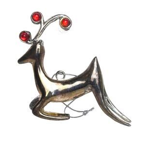 Silver Plated Metal Reindeer Ornament With Red Stones